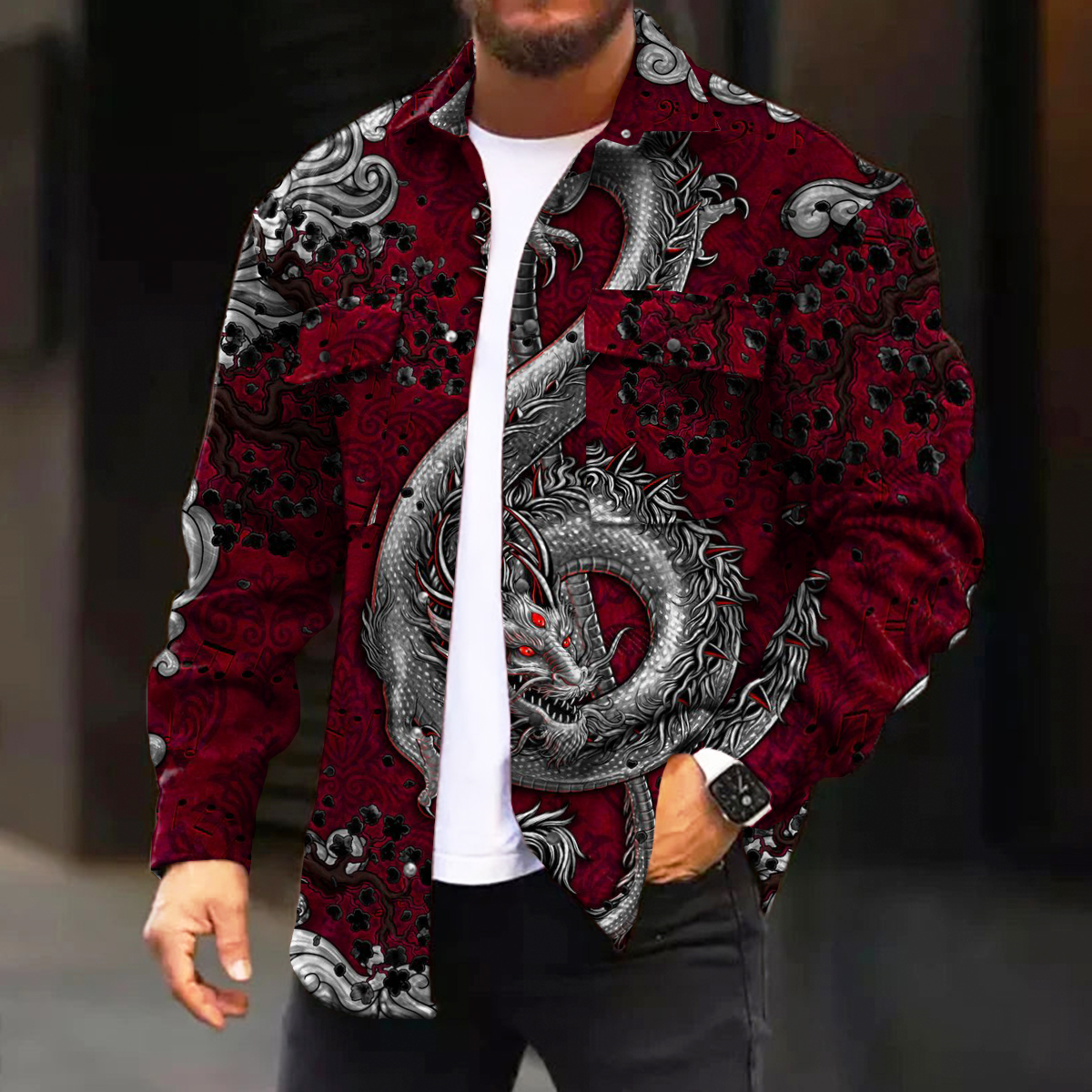Men's Casual Jacket Art Musical Note Dragon Print Long Sleeve Pockets Jacket