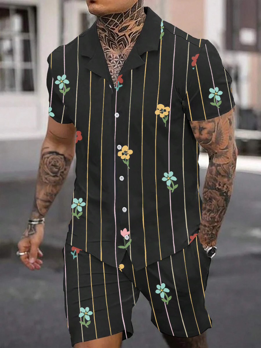 Men's Sets Hawaiian Floral Stripes Print Button Down Two-Piece Shirt Shorts Set