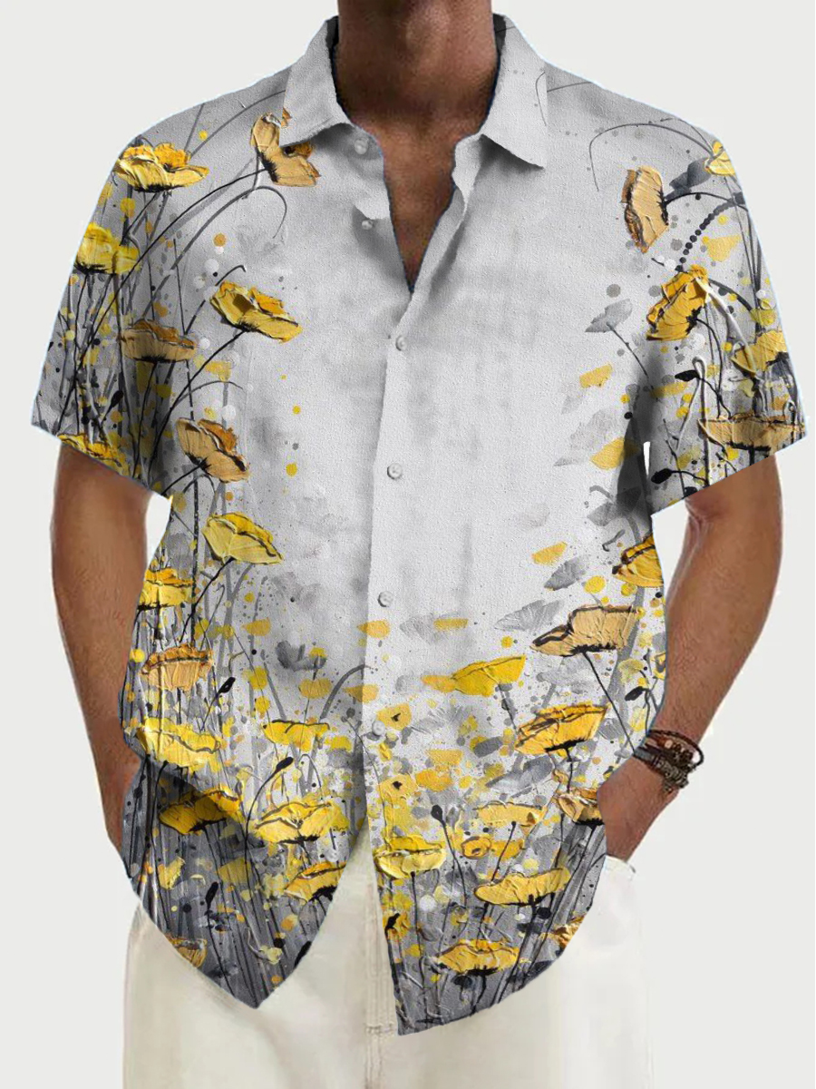 Men's Oil Painting Yellow Floral Short Sleeve Casual Shirt