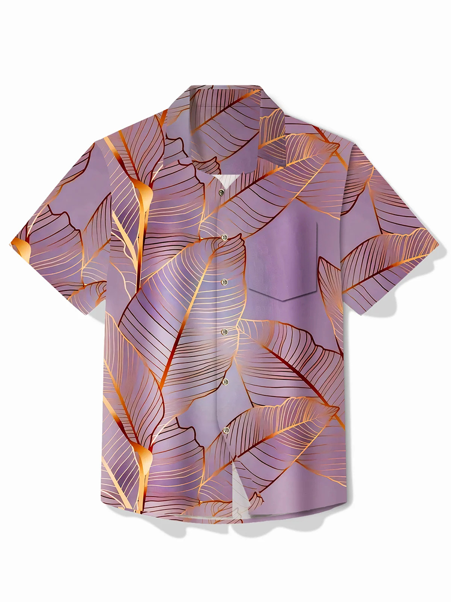 Hawaiian Botanical Gold Leaf Print Men's Button Pocket Shirt