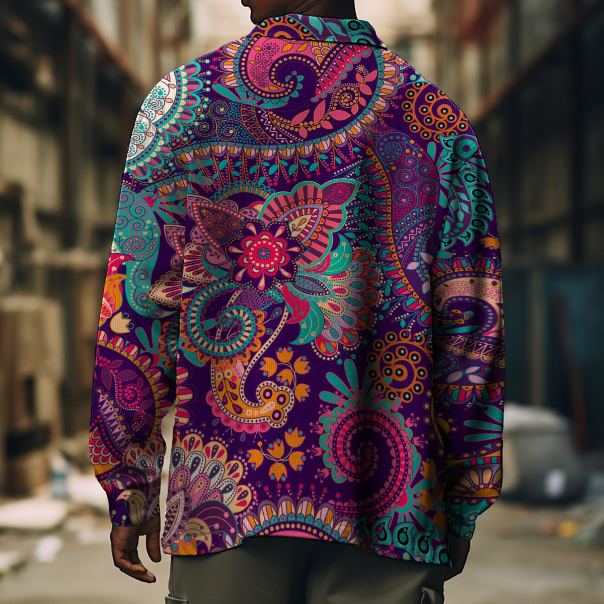 Men's Casual Jacket Retro Paisley Pattern Long Sleeve Pockets Shirt Jacket