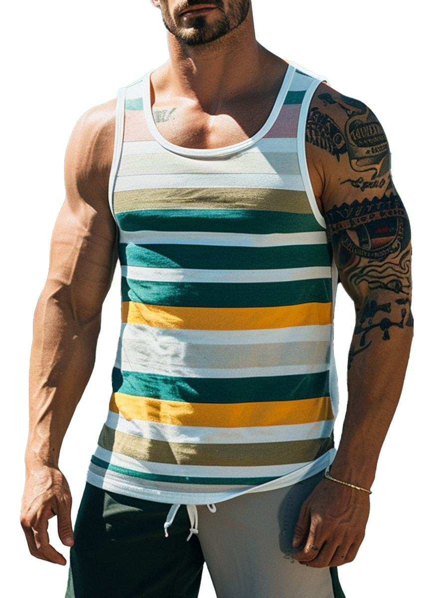 Men's Vacation Tank Top Green Stripes Crew Neck Tank Top Muscle Tee