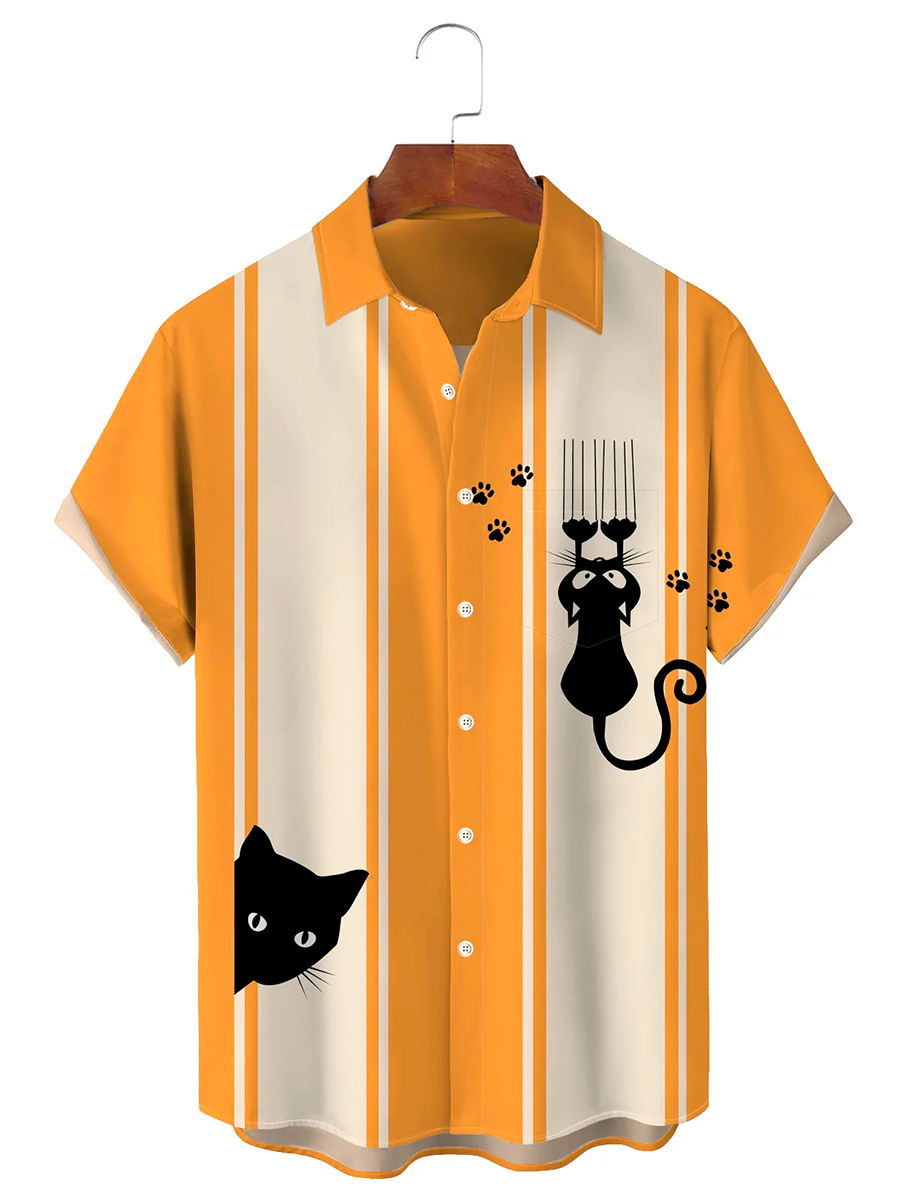 Vintage Bowling Style Cat Print Button Pocket Short Sleeve Shirt