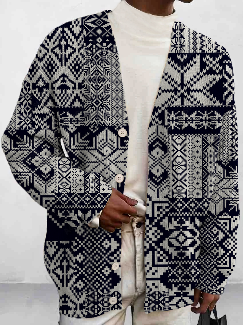 Men's Art Plaid Splicing Print Buttoned Cardigan Sweater