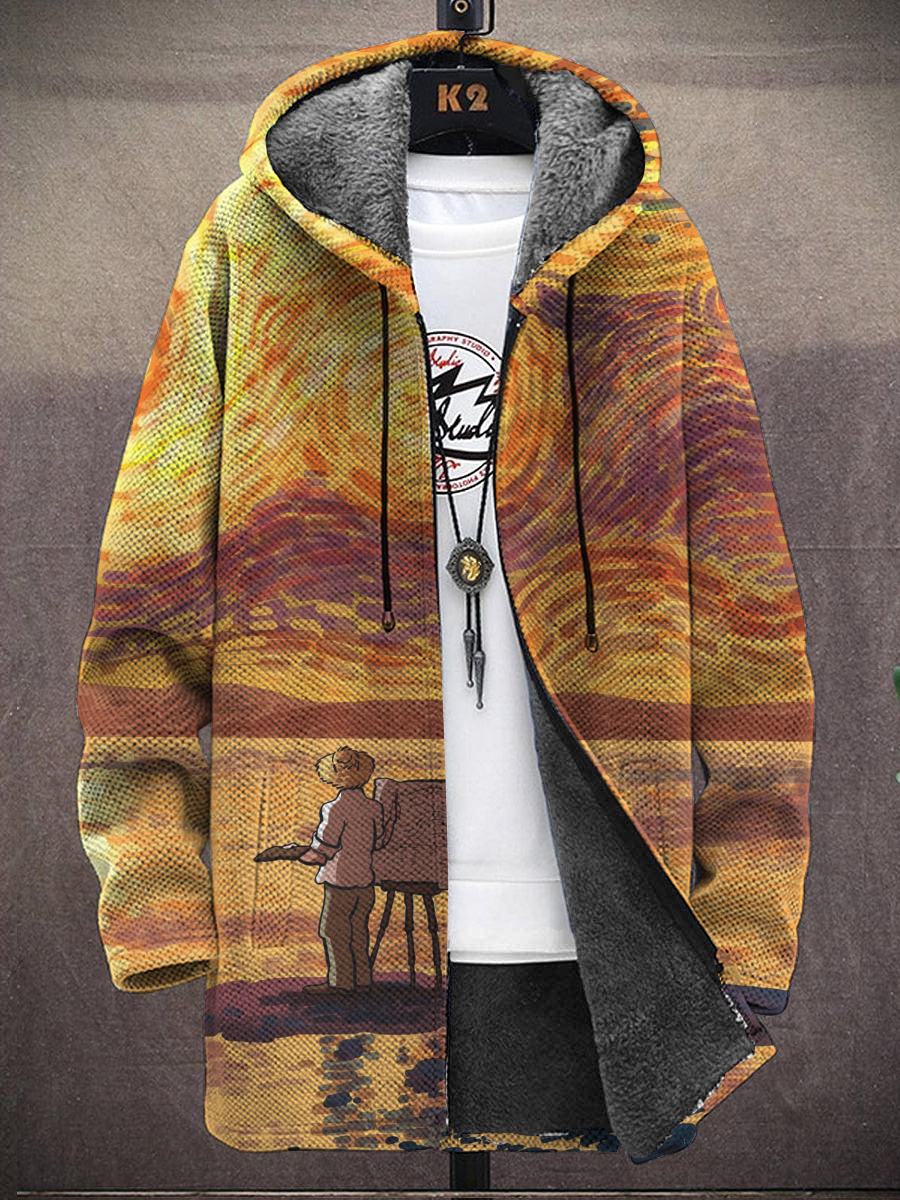 Men's Art Van Gogh And His Galaxy Print Hooded Two-Pocket Fleece Cardigan Jacket