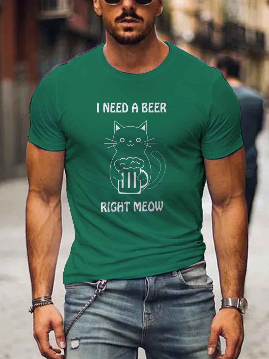 St. Patrick I Need A Beer Right Meow Print Casual Crew Neck T-Shirt