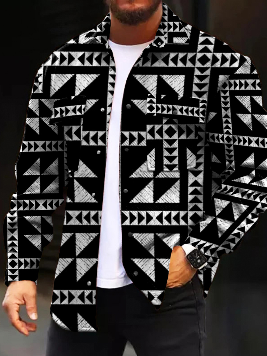 Men's Geometric Plaid Pattern Print Long Sleeve Pockets Shirt Jacket