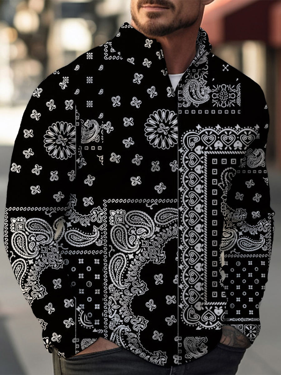 Splicing Geometric Pattern Casual Zip Long Sleeve Sweater