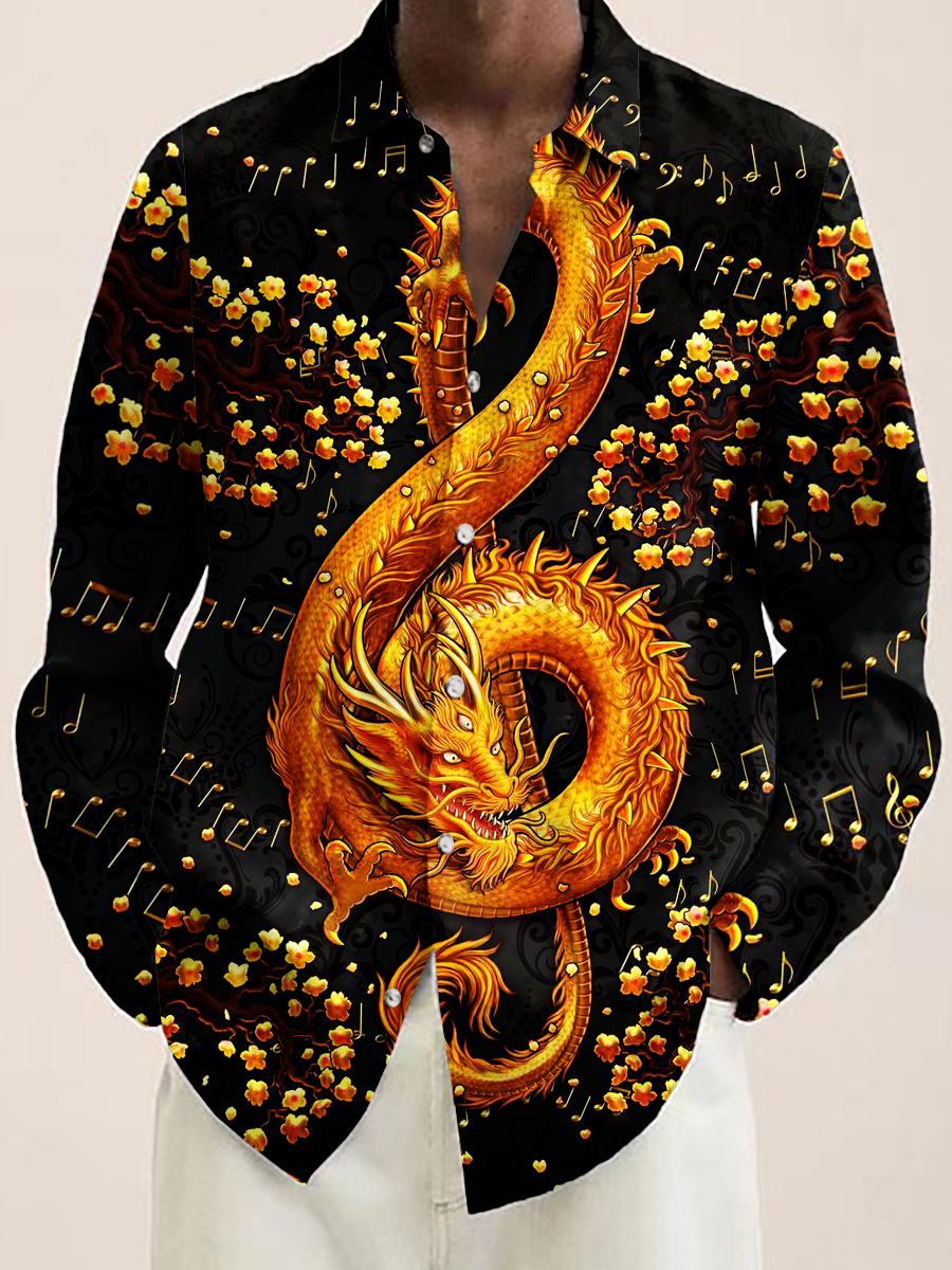 Men's Hawaiian Shirt Art Musical Dragon Note Print Casual Vacation Oversized Long Sleeve Shirt