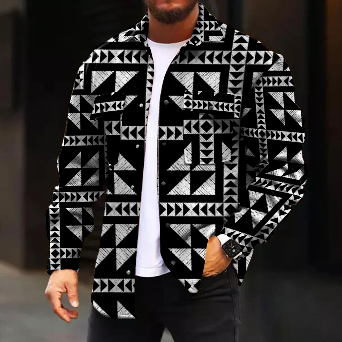 Men's Geometric Plaid Pattern Print Long Sleeve Pockets Shirt Jacket