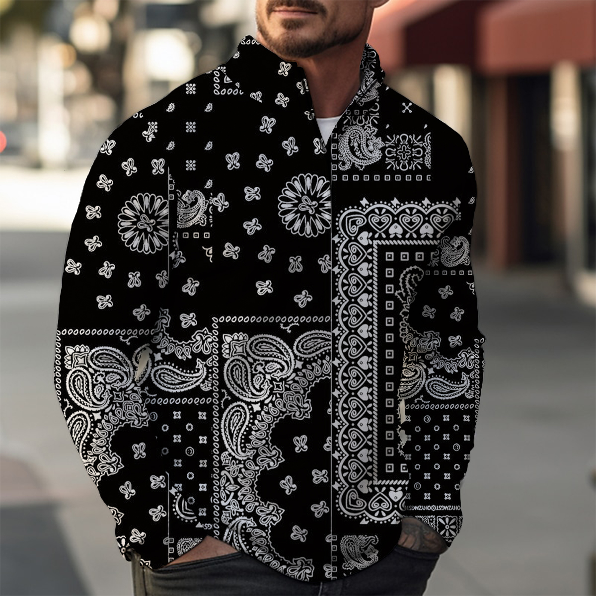 Splicing Geometric Pattern Casual Zip Long Sleeve Sweater