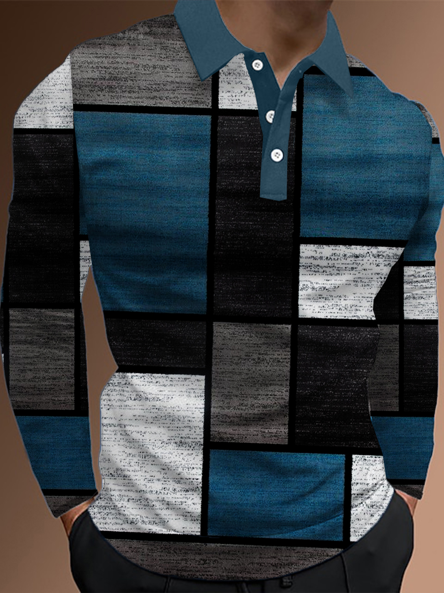 Men's Polo Shirt Irregular Square Print Casual Long-Sleeved Polo Shirt