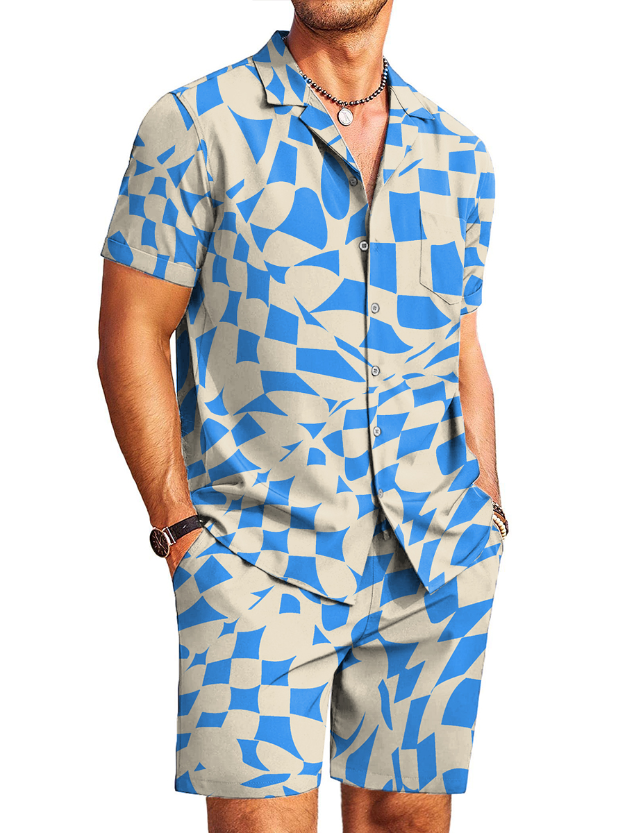 Men's Sets Hawaiian Stylish Geometry Print Button Pocket Two-Piece Shirt Shorts Set