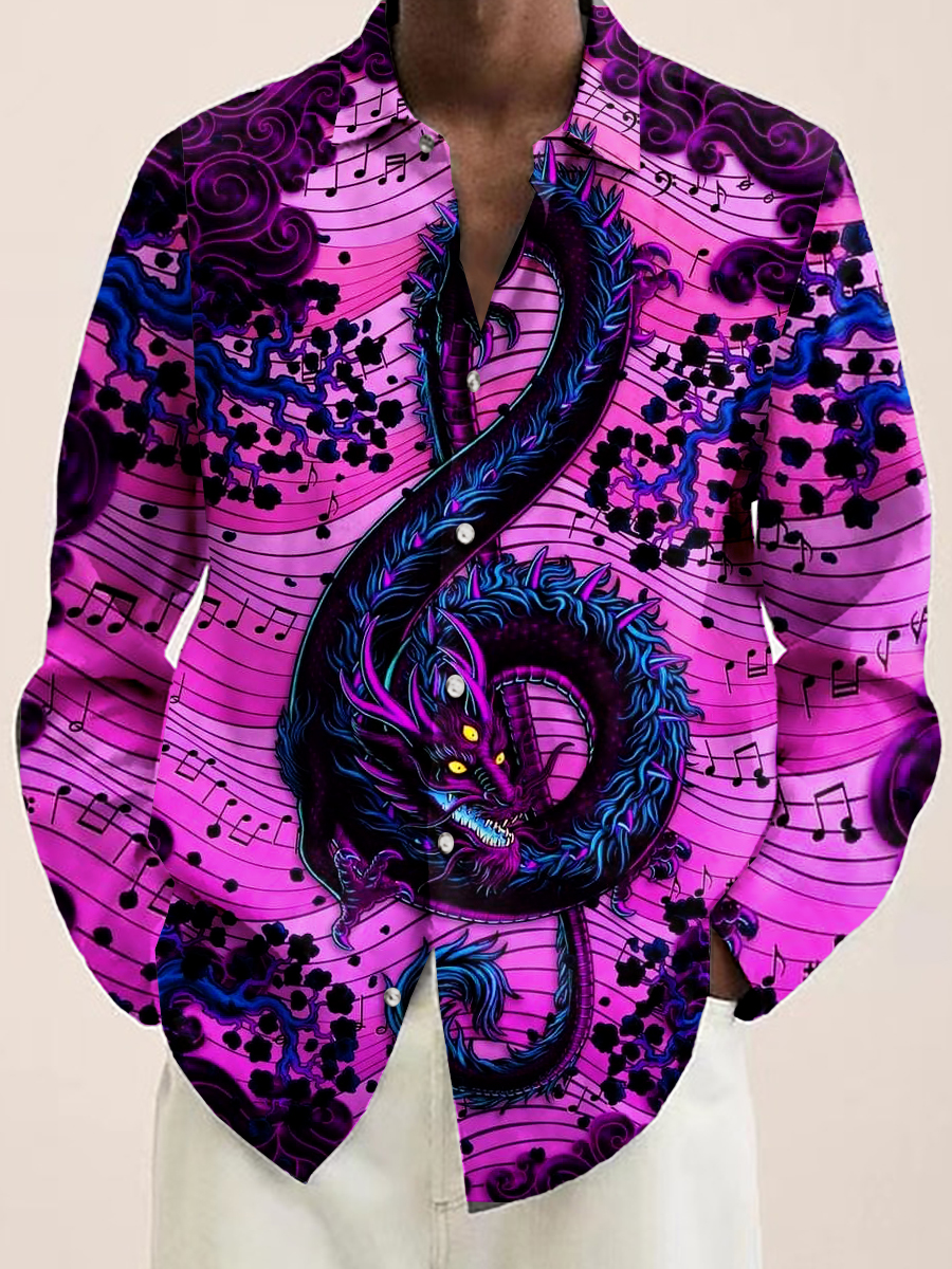 Men's Hawaiian Shirt Art Musical Dragon Note Print Casual Vacation Oversized Long Sleeve Shirt