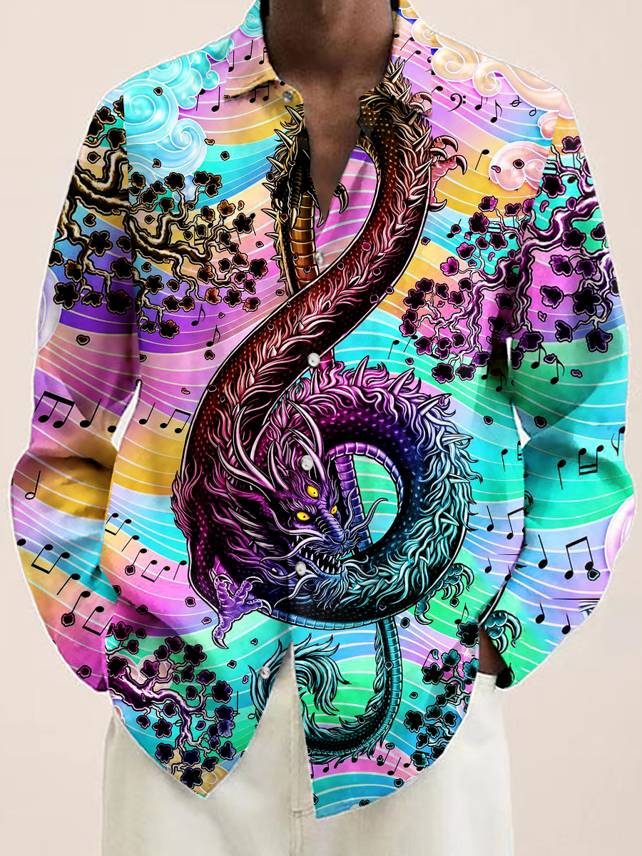 Men's Hawaiian Shirt Art Musical Dragon Note Print Casual Vacation Oversized Long Sleeve Shirt