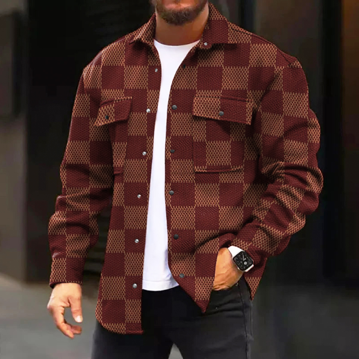 Men's Casual Jacket Retro Fashion Checkerboard Plaid Printed Long Sleeve Pocket Jacket