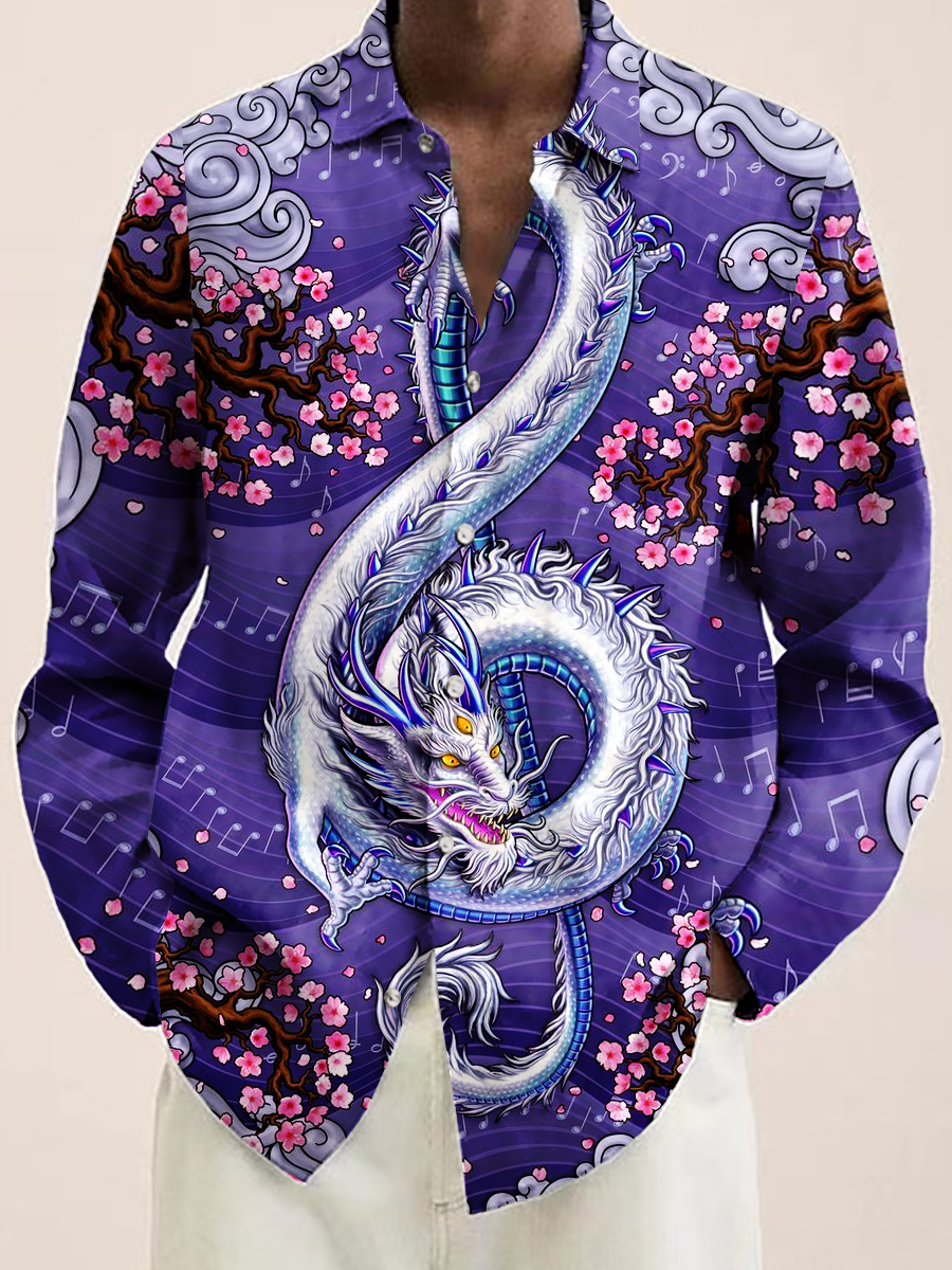 Men's Hawaiian Shirt Art Musical Dragon Note Print Casual Vacation Oversized Long Sleeve Shirt