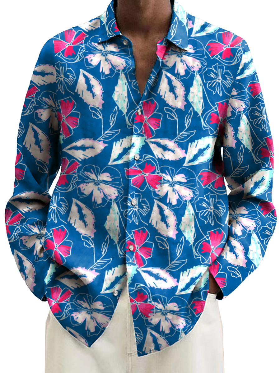 Retro Hand Drawn Hibiscus Print Long Sleeve Hawaiian Shirt