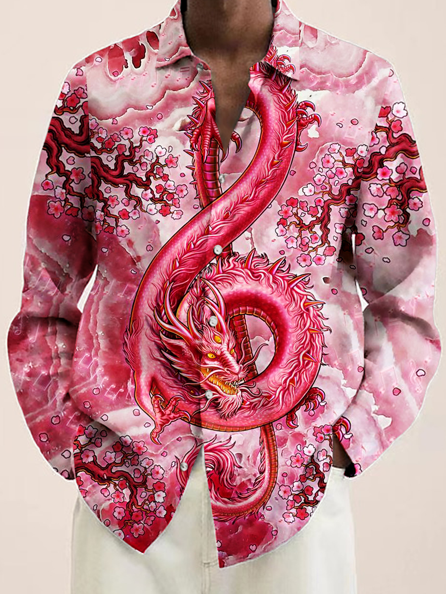 Men's Hawaiian Shirt Art Musical Dragon Note Print Casual Vacation Oversized Long Sleeve Shirt