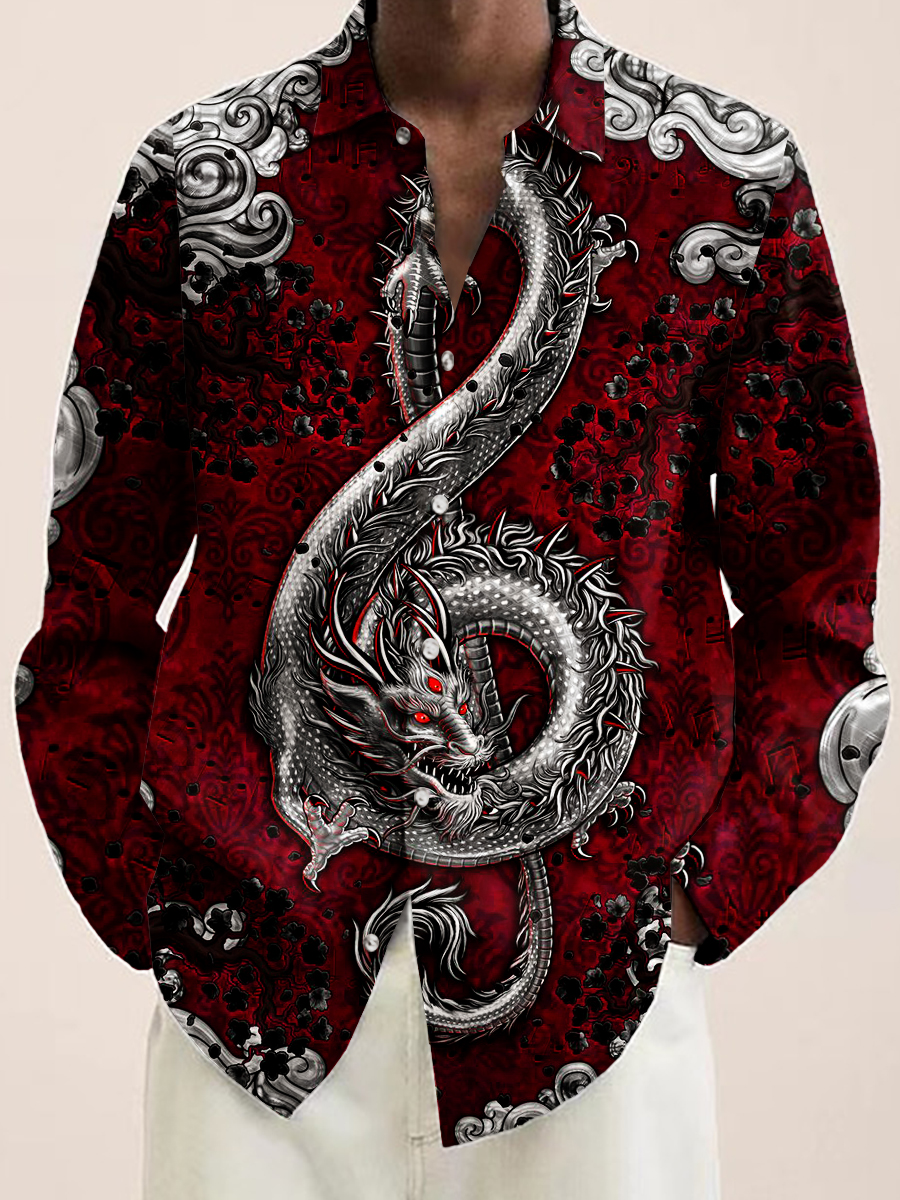 Men's Hawaiian Shirt Art Musical Dragon Note Print Casual Vacation Oversized Long Sleeve Shirt