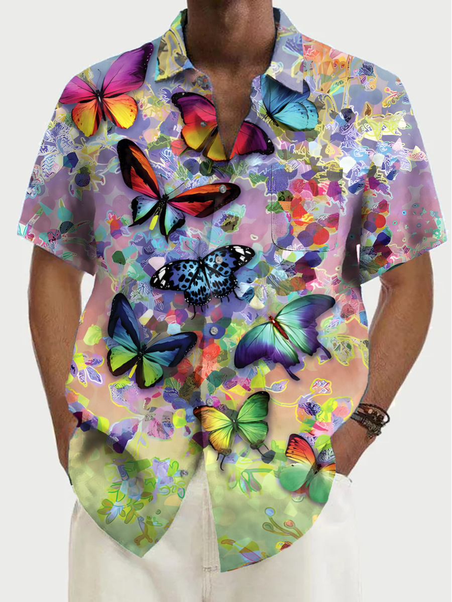 Men's Shirt Colorful Watercolor Butterfly Pattern Vacation Oversized Short Sleeve Shirt