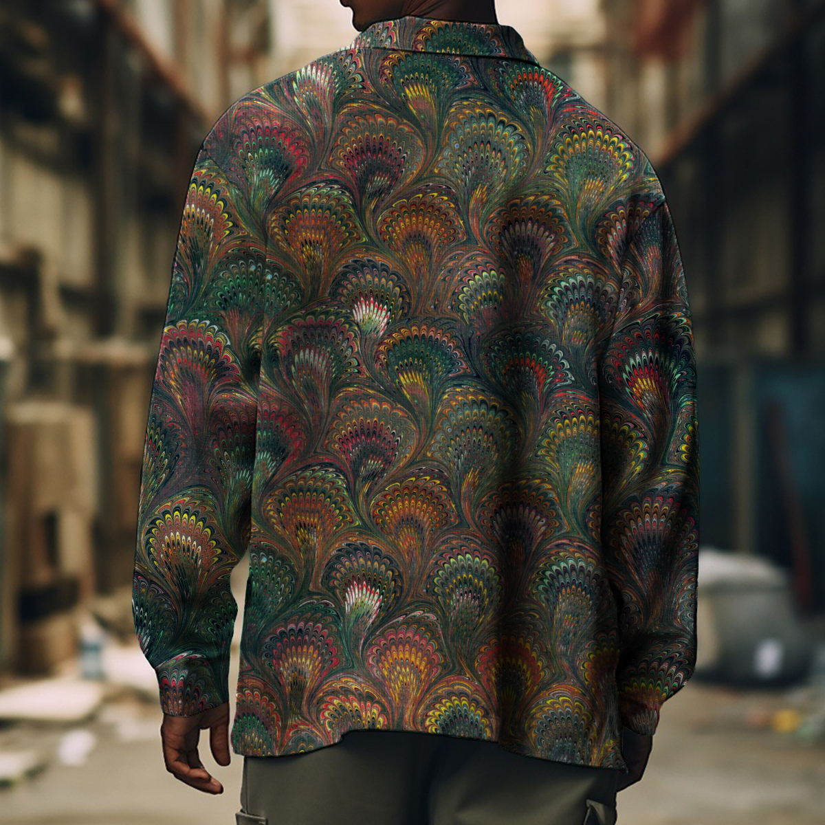 Men's Casual Jacket Retro Abstract Geometry Print Long Sleeve Pockets Shirt Jacket