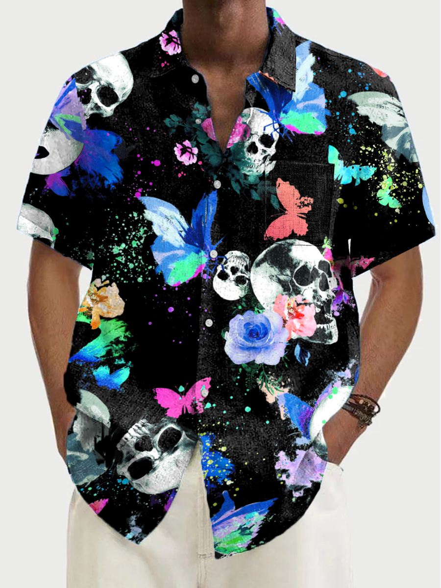 Hawaiian Skull And Floral Pattern Short Sleeve Shirt