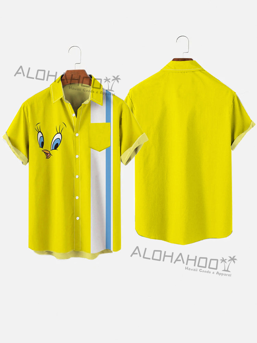 Retro Yellow And White Stripes And Cute Duck Image Print Breast Pocket Short Sleeve Shirt