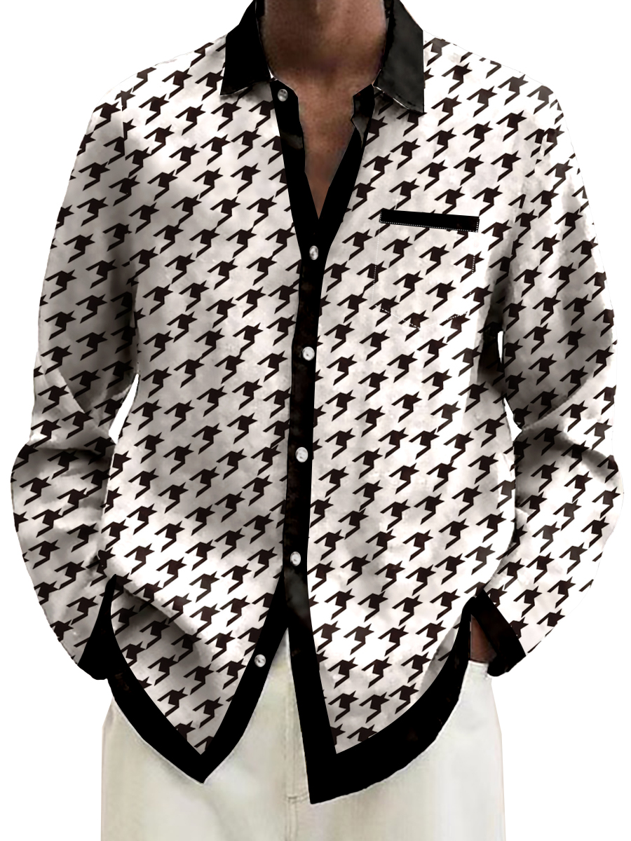 Men's Casual Retro Houndstooth Pattern Plus Size Long Sleeve Shirts
