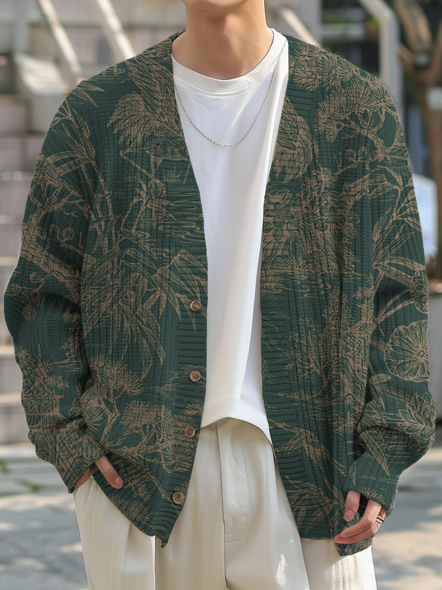 Men's Retro Crane Pattern Buttoned Cardigan Sweater