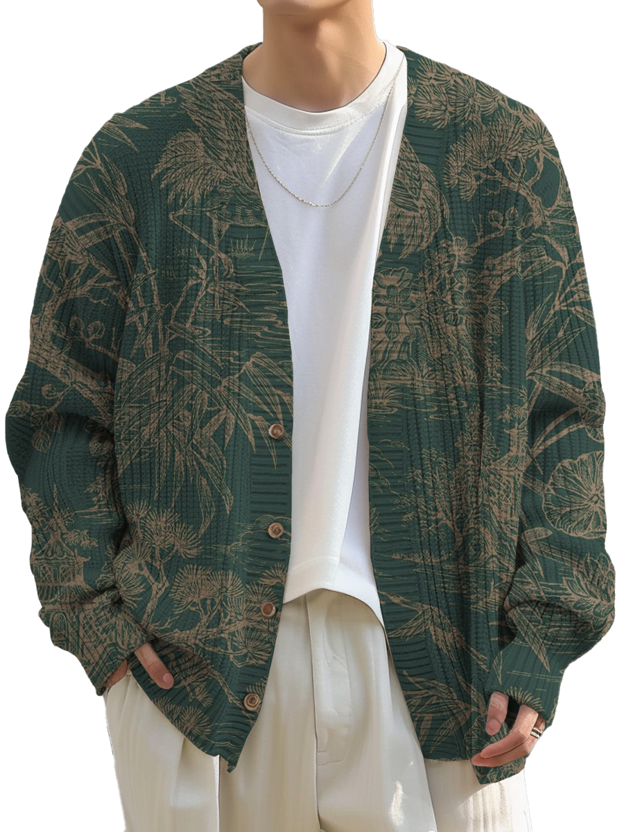 Men's Retro Crane Pattern Buttoned Cardigan Sweater