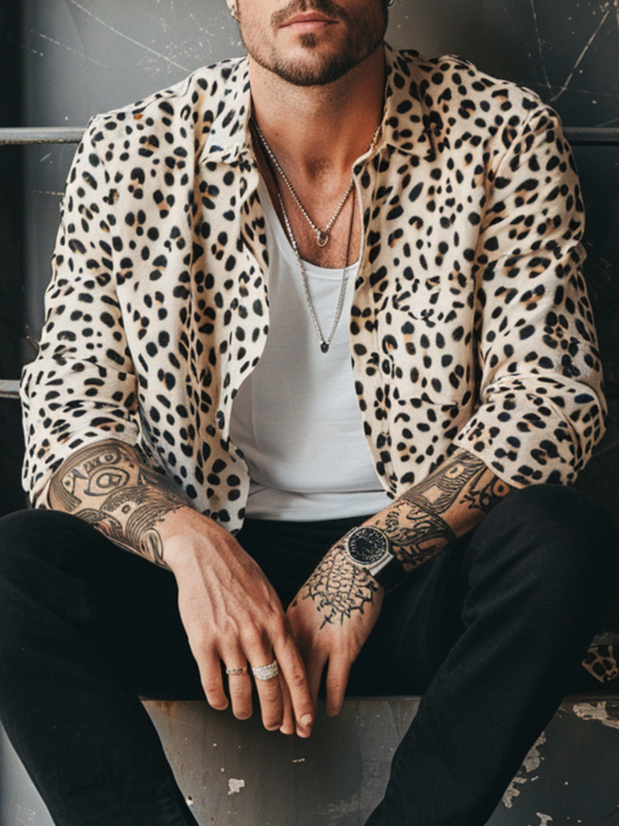 Men's Retro Leopard Plus Size Long Sleeve Shirts