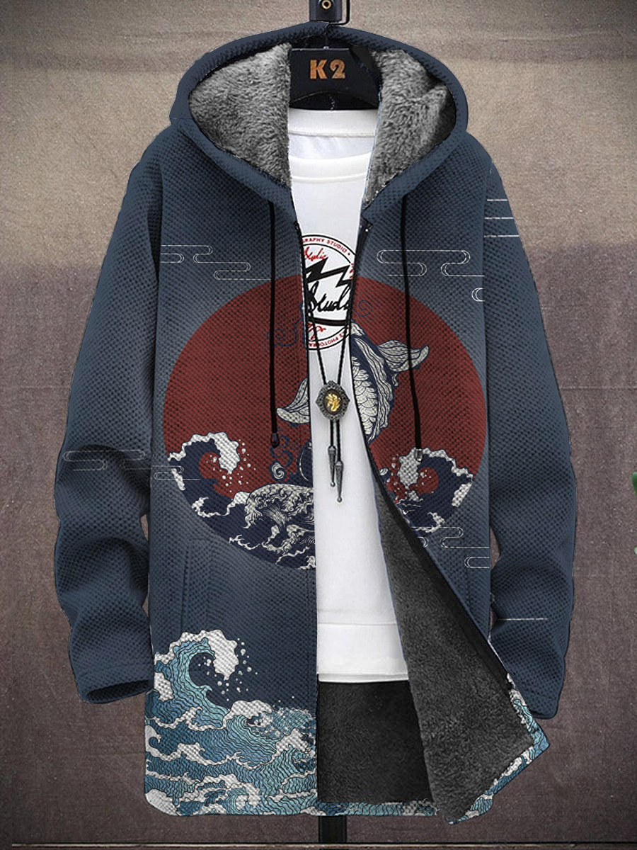Men's Art Crab Print Hooded Two-Pocket Fleece Cardigan Jacket