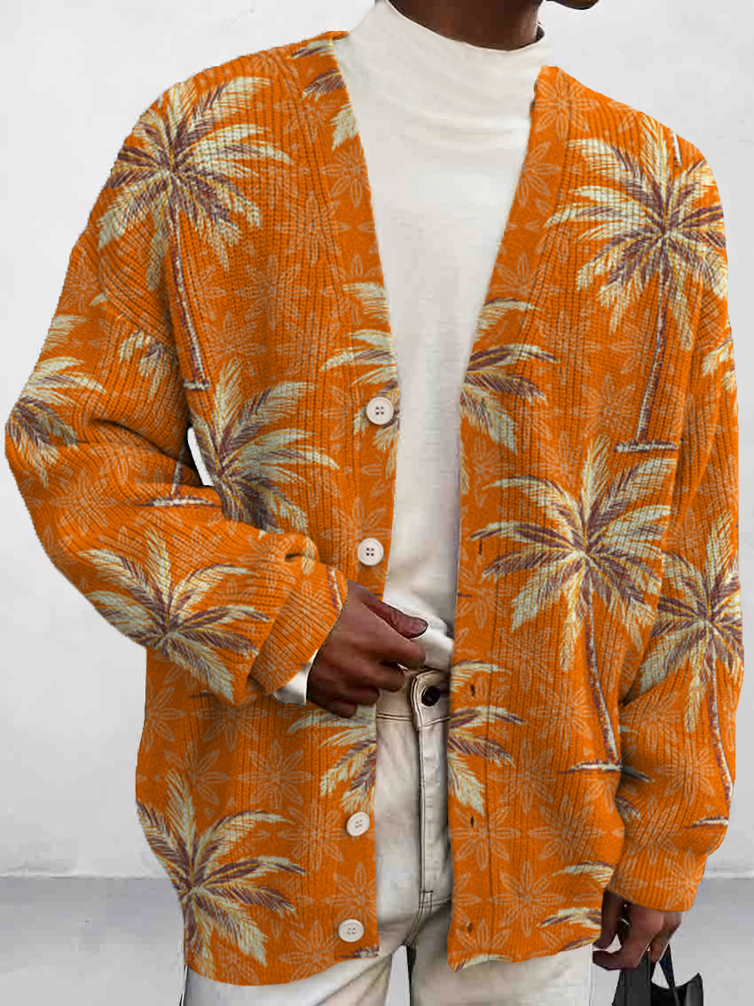 Men's Art Coconut Tree Print Buttoned Cardigan Sweater