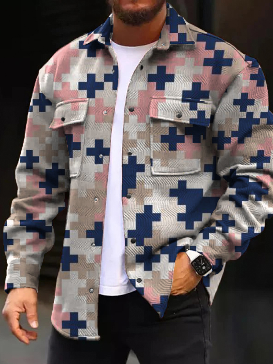 Men's Casual Jacket Fashion Cross Puzzle Printed Long Sleeve Pocket Jacket
