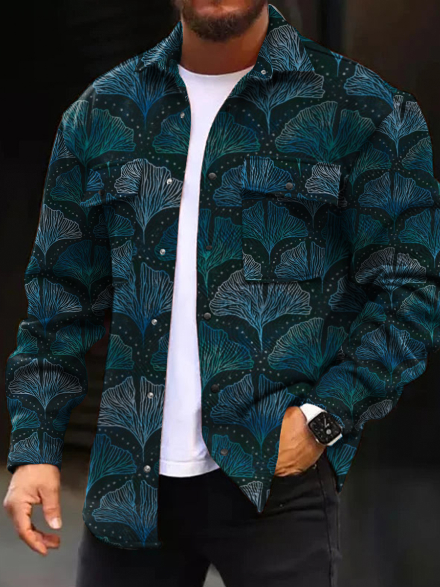 Men's Casual Jacket Fashion Ginkgo Printed Long Sleeve Pocket Jacket