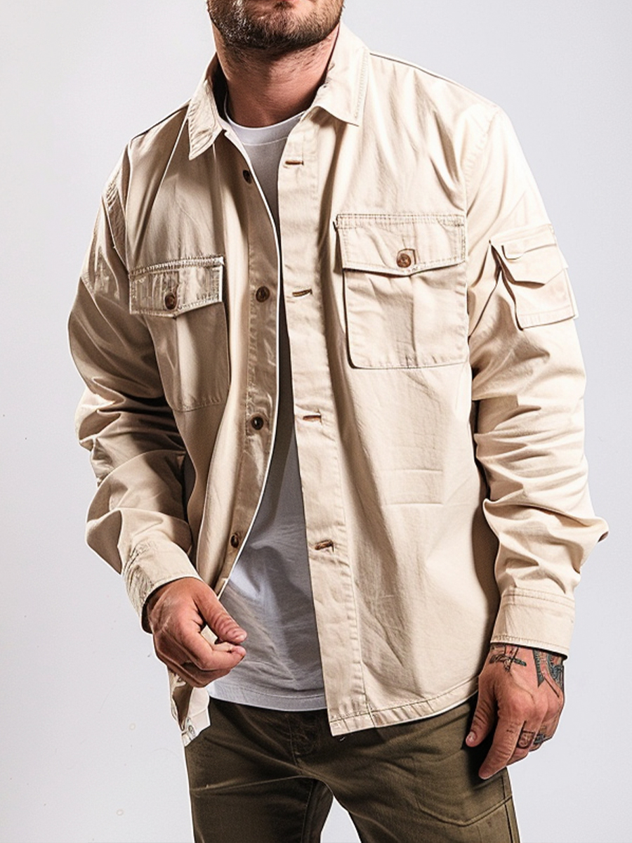 Men's Casual Jacket Solid Long Sleeve Pockets Shirt Jacket