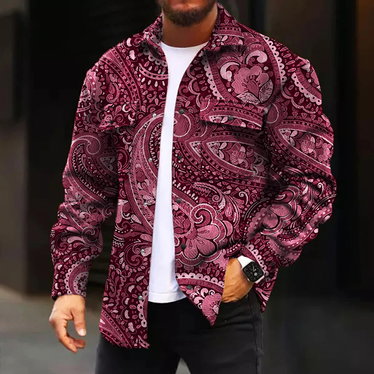Men's Casual Jacket Fashion Art Paisley Printed Long Sleeve Pocket Jacket