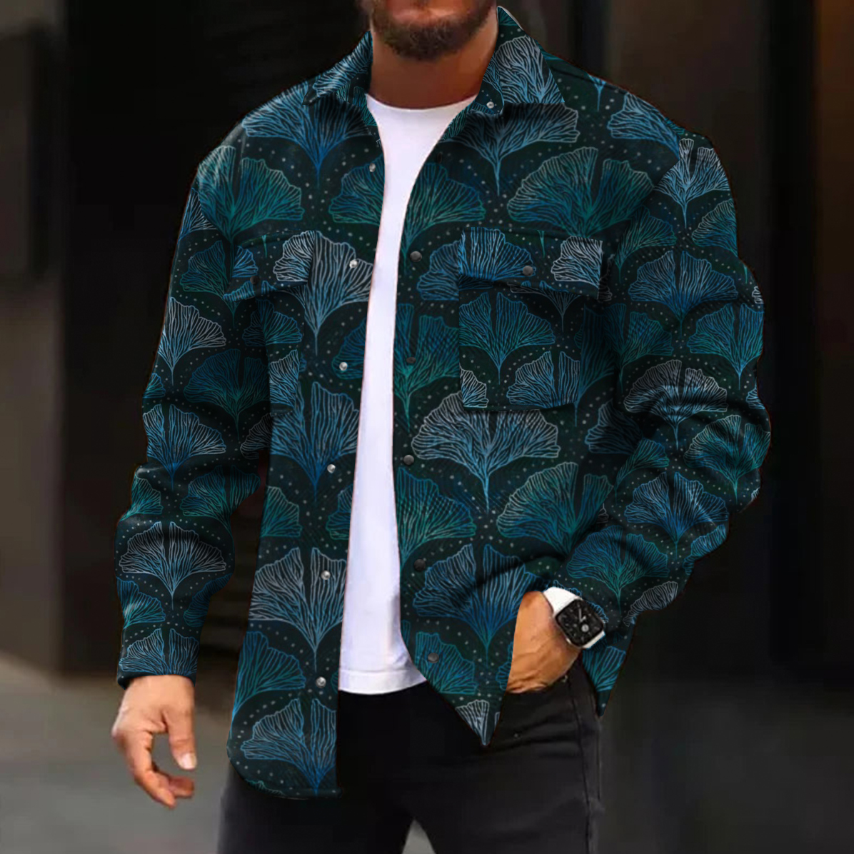 Men's Casual Jacket Fashion Ginkgo Printed Long Sleeve Pocket Jacket