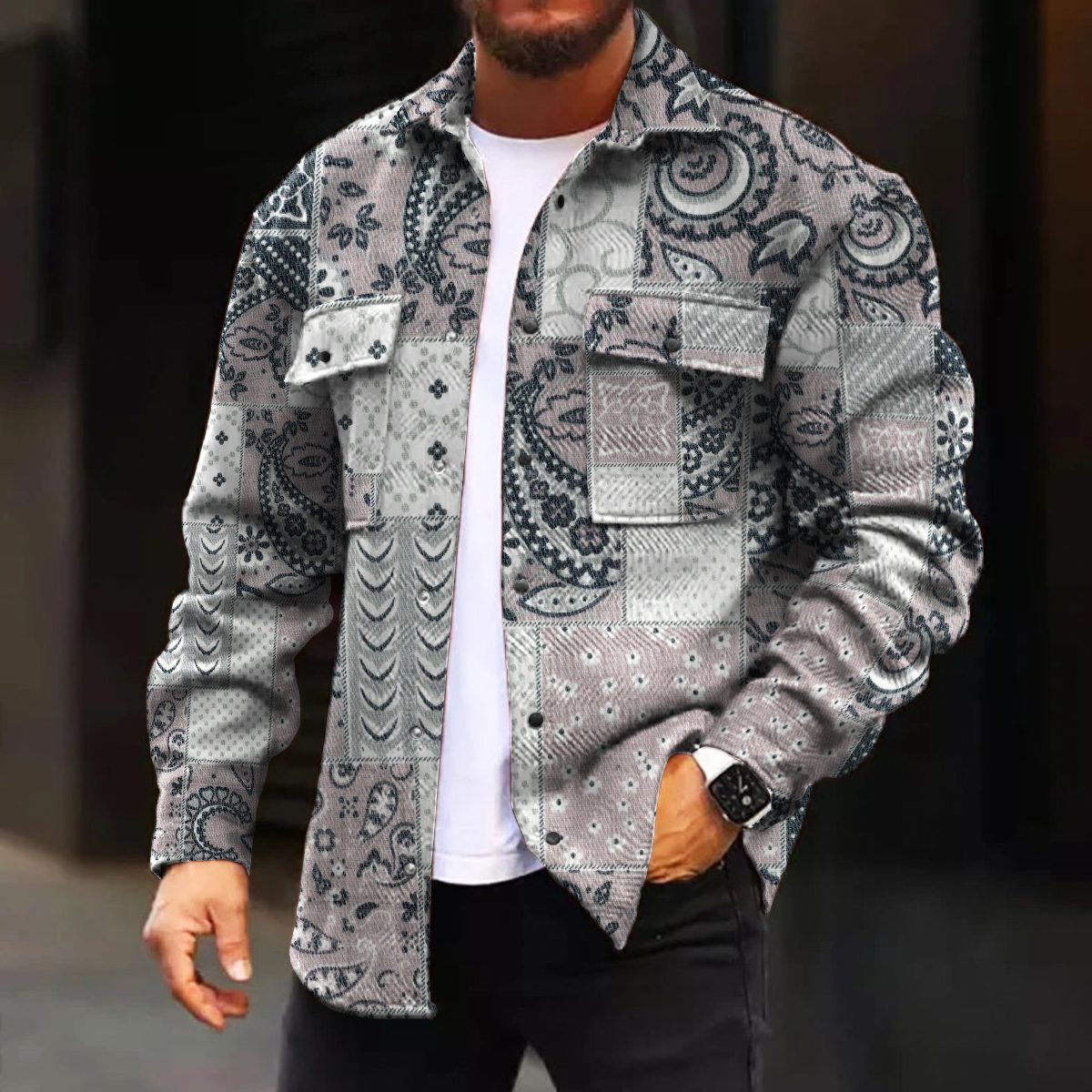 Men's Casual Jacket Art Paisley Print Long Sleeve Pockets Jacket