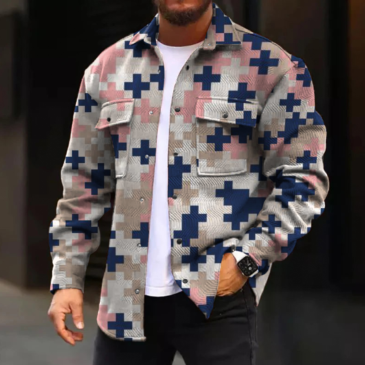 Men's Casual Jacket Fashion Cross Puzzle Printed Long Sleeve Pocket Jacket