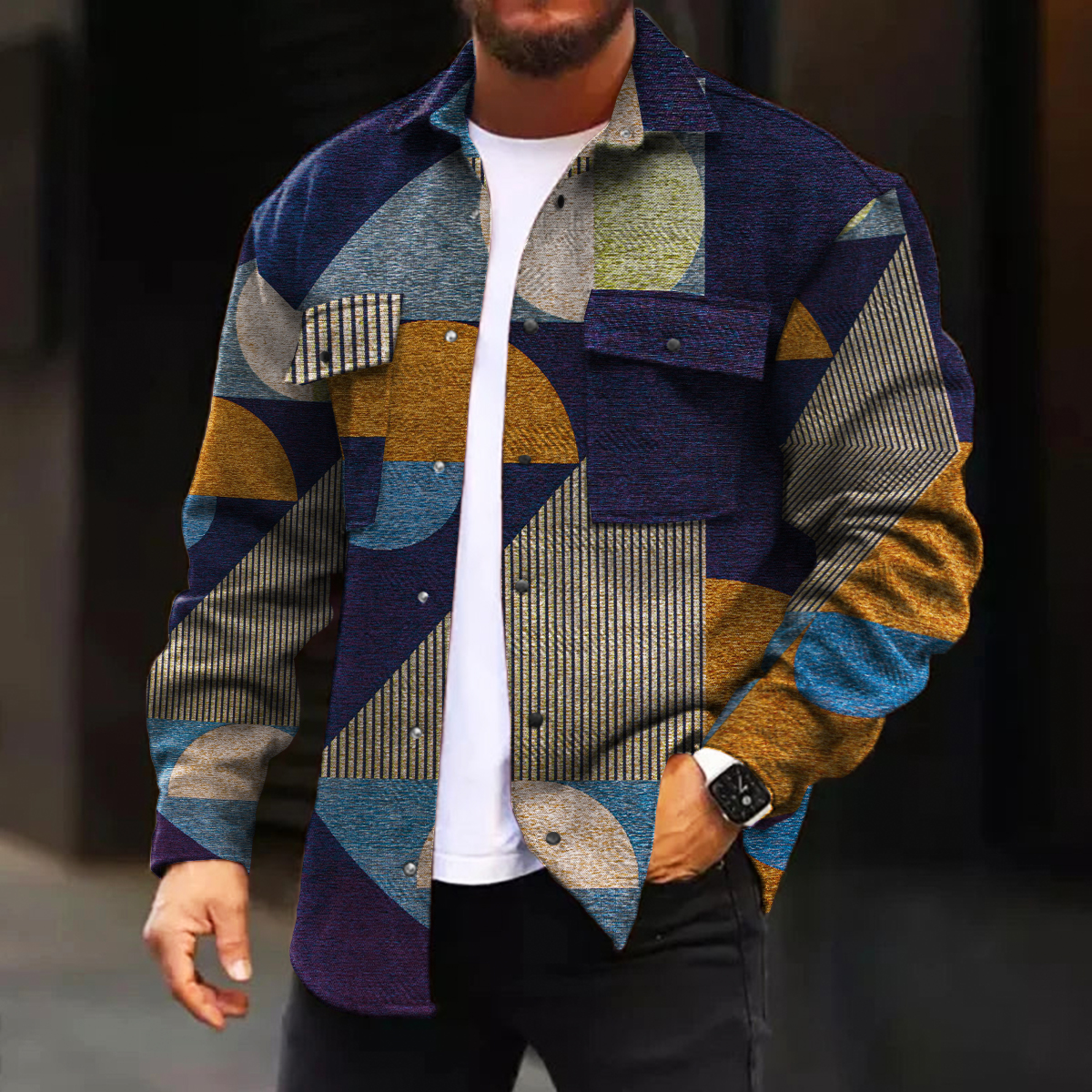 Men's Casual Jacket Golden Section Print Long Sleeve Pockets Jacket