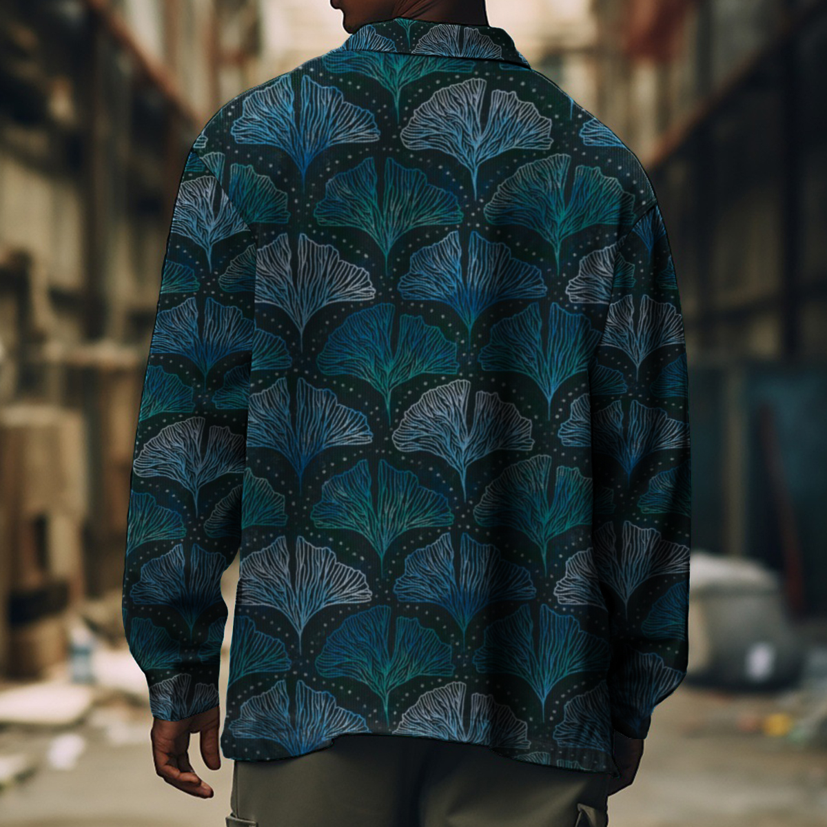 Men's Casual Jacket Fashion Ginkgo Printed Long Sleeve Pocket Jacket