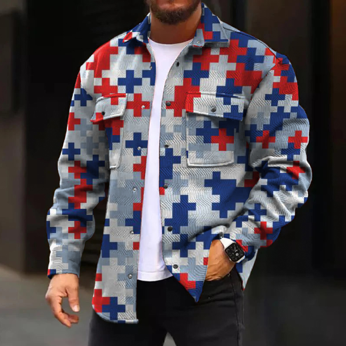 Men's Casual Jacket Fashion Cross Puzzle Printed Long Sleeve Pocket Jacket