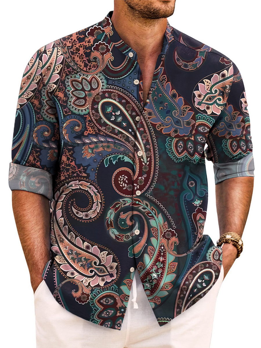 Retro Paisley Print Long Sleeve Band Collar Hawaiian Shirt