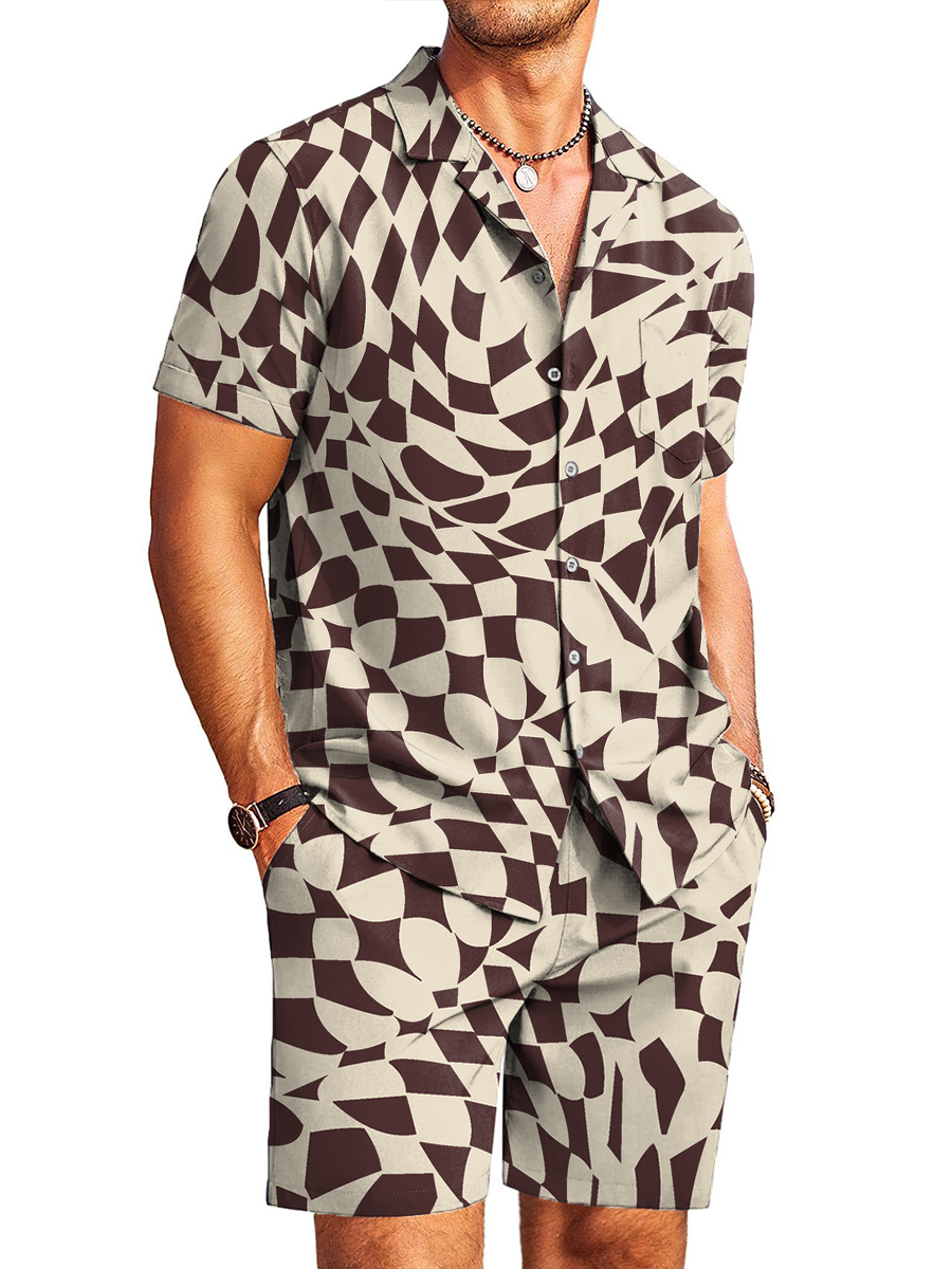 Men's Sets Hawaiian Stylish Geometry Print Button Pocket Two-Piece Shirt Shorts Set