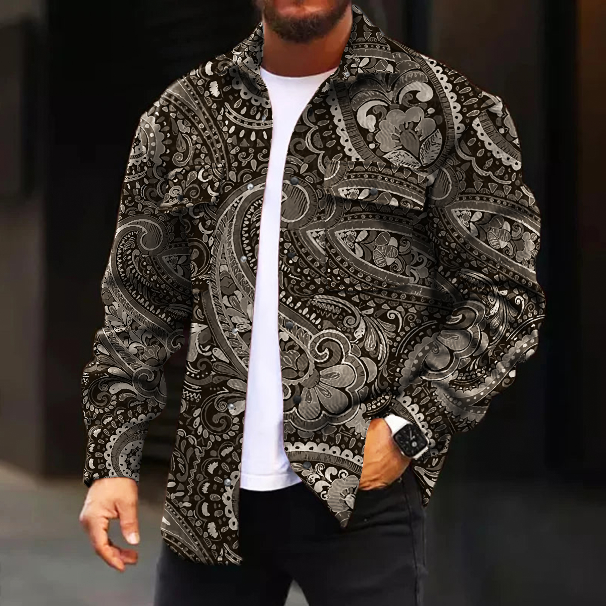 Men's Casual Jacket Fashion Art Paisley Printed Long Sleeve Pocket Jacket