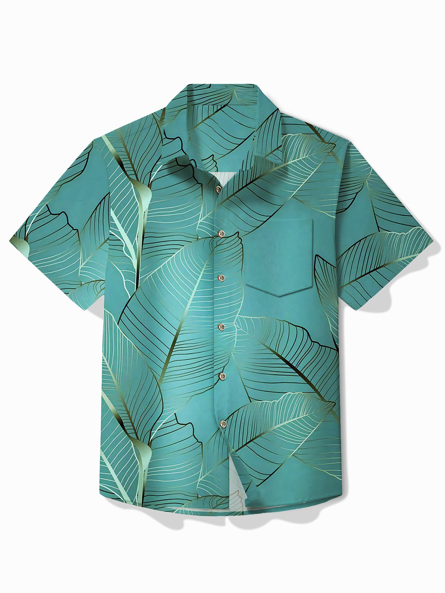 Hawaiian Botanical Gold Leaf Print Men's Button Pocket Shirt