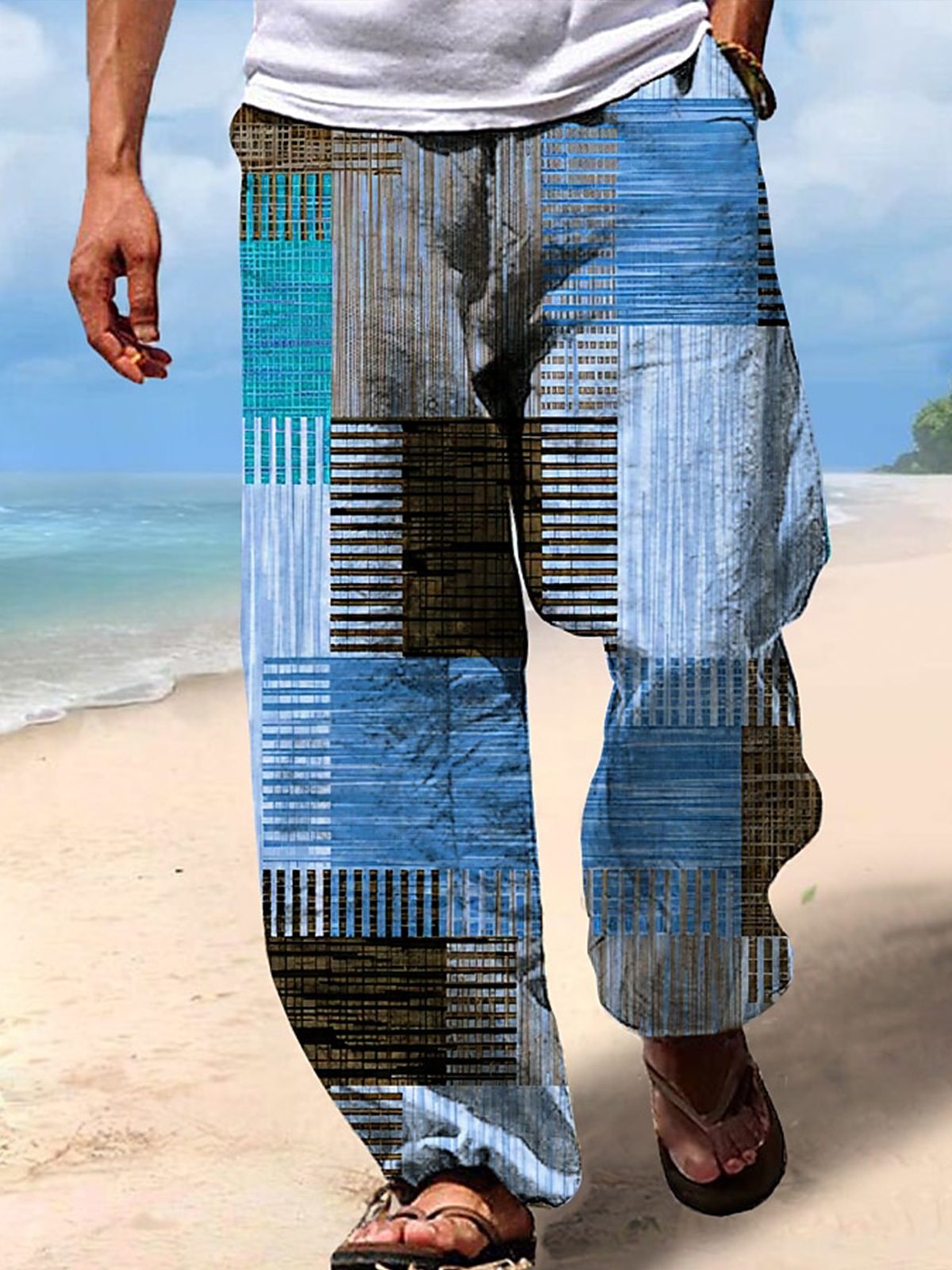 Men's Drawstring Elastic Waist 3D Print Stripe Graphic Prints Geometry Comfort Casual Summer Pants Beach Pants