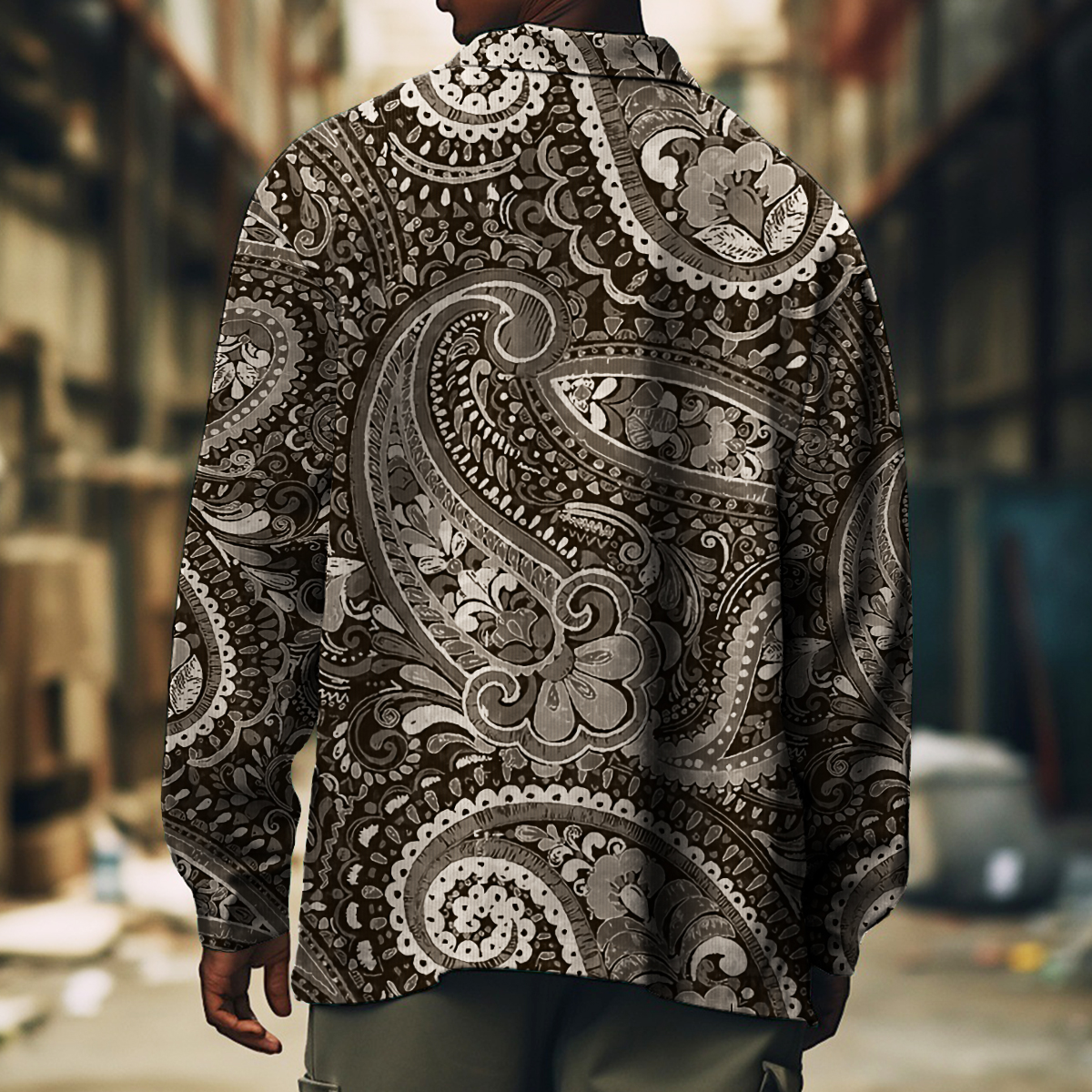 Men's Casual Jacket Fashion Art Paisley Printed Long Sleeve Pocket Jacket